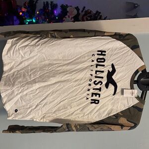 Hollister White and Green Camouflage Raglan Shirt
